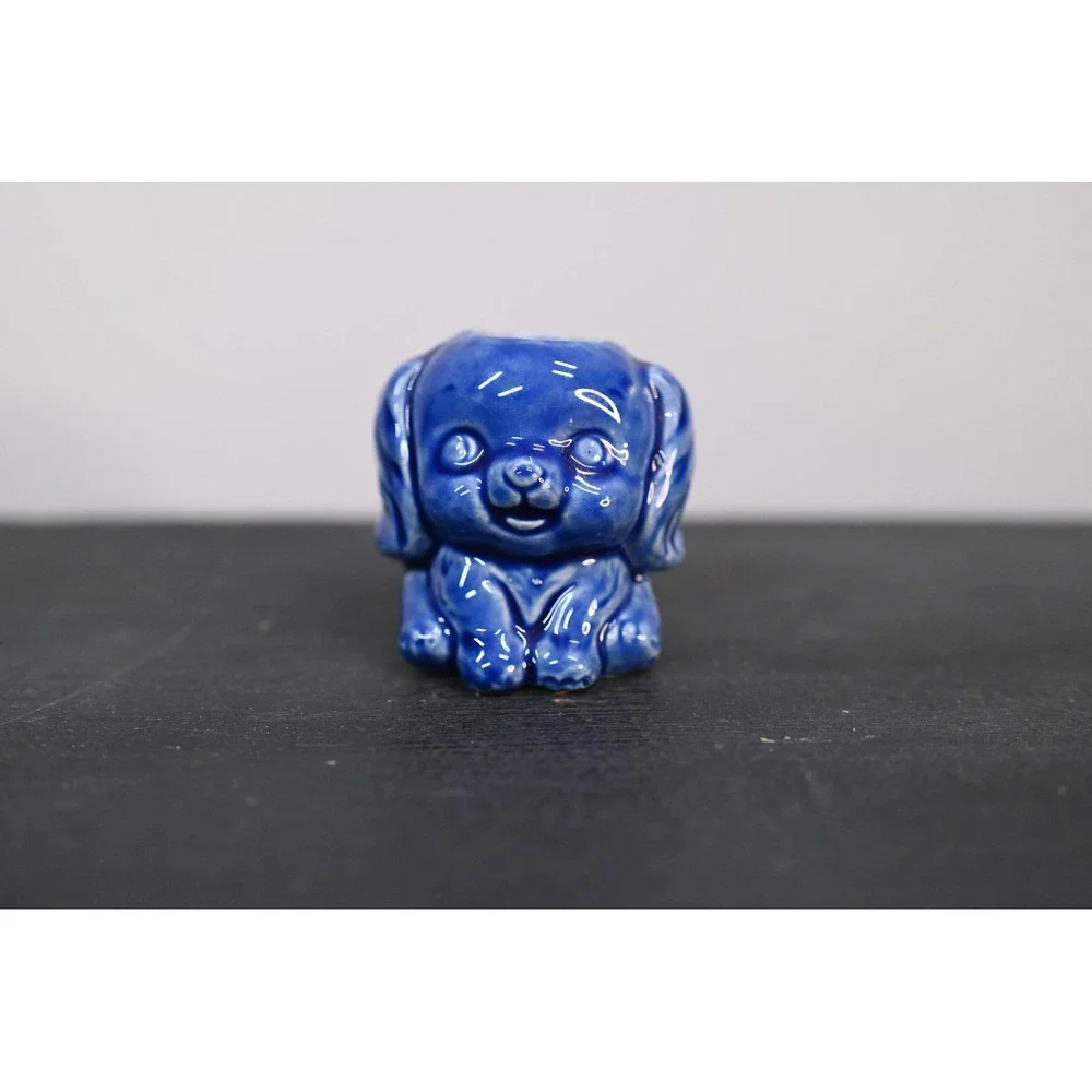 Vintage Mini Blue Dog Planter Ceramic Succulent Pot Cobalt Blue 2x2